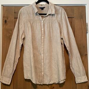 Lands End striped linen button down blouse Womens XL smocked front detail